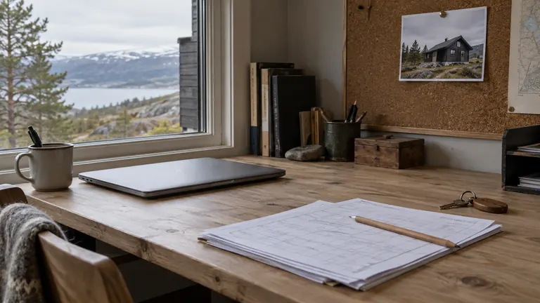 PC, papirskjemaer og hyttenøkkel på et skrivebord ved vinduet.