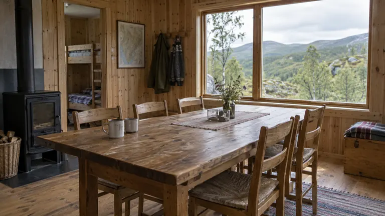 Felles spisebord med flere stoler og kaffekopper i en firmahytte.