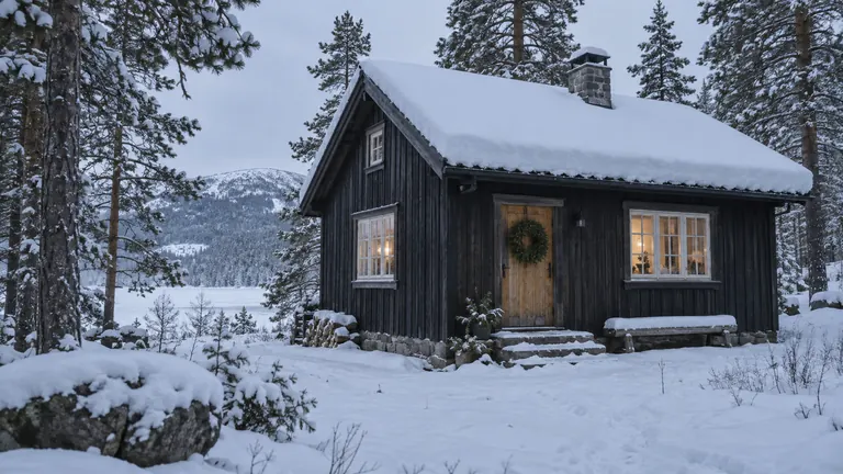 Snødekt trehytte med lys i vinduene og julekrans på døren.