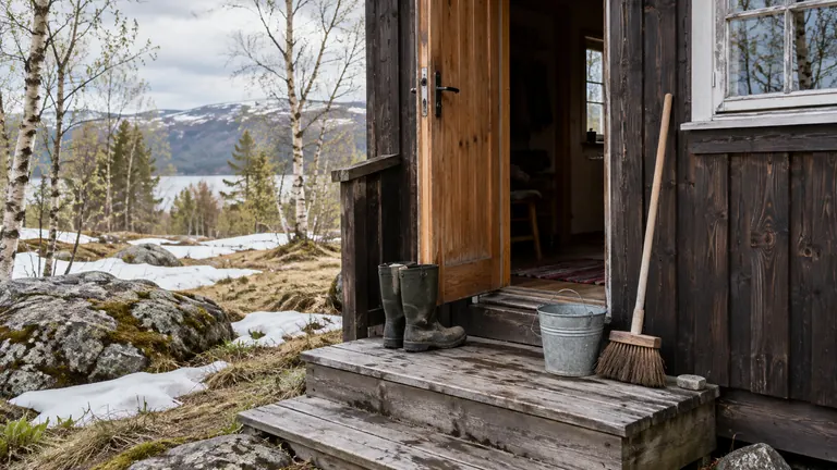 Åpen hyttedør med støvler, bøtte og kost ved snøsmeltingen om våren.